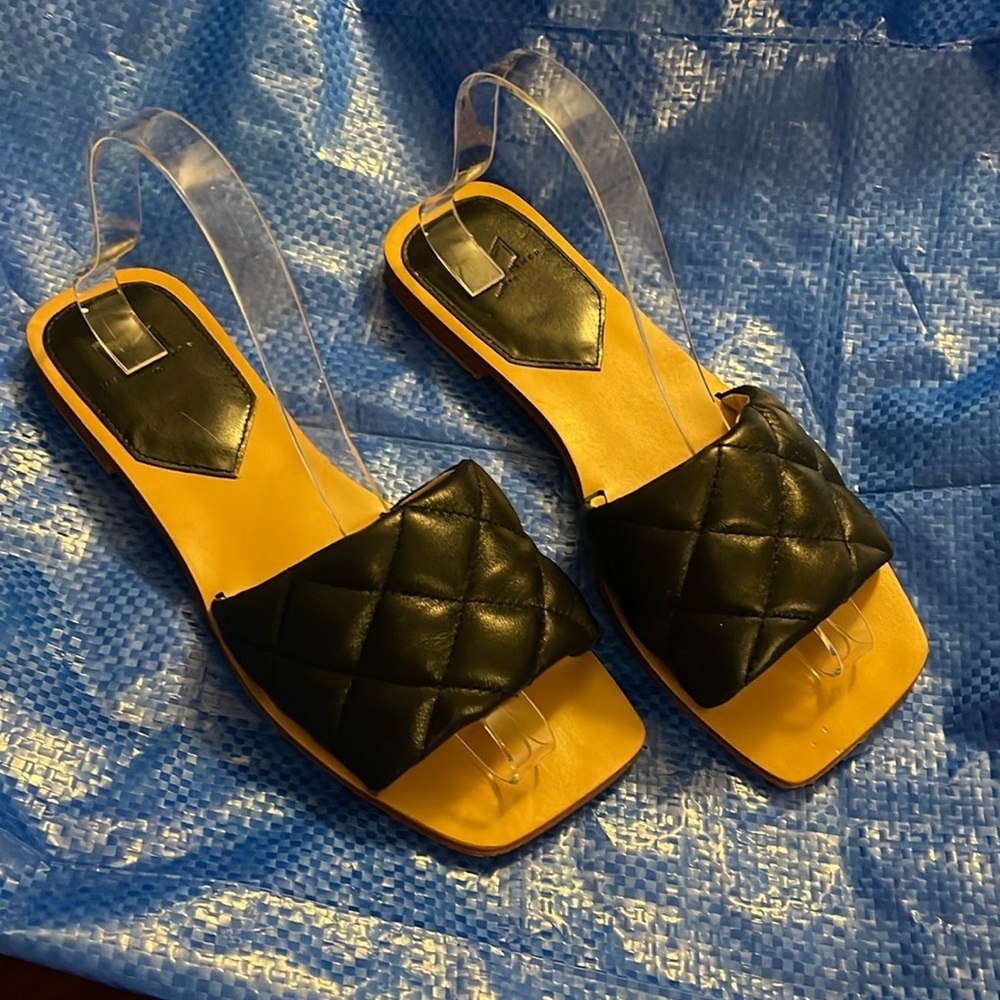 Marc Fisher MLRETA Leather Square Toe Quilted Slide Sandal SIZE 7M BLACK Flats